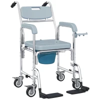 HOMCOM Chaise percée adulte à roulettes, chaise percée de douche avec repose-pieds, dossier et accoudoirs, 53x97x97cm, gris(m-1)