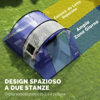 Outsunny Tenda a Tunnel per 4 Persone con Camera e Zona Giorno, Impermeabile 3000 mm, Tenda da Campeggio, Blu Scuro(m-4)