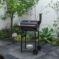 Outsunny Barbecue au charbon de bois chariot de BBQ, avec étagères, roulettes, couvercle, thermomètre, cheminée, en métal noir(m-10)