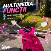 AIYAPLAY Motocicletă electrică pentru copii cu licență Vespa, roți ajutătoare, far și muzică, PP și metal, 107x47x73 cm, Roz(m-5)