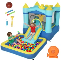 AIYAPLAY Castel Gonflabil cu Tobogan, Piscină și Suflantă (Albastru și Galben)(m-11)