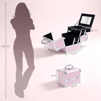 HOMCOM Maletín de Maquillaje Organizador Cosméticos Profesional Estuche de Maquillaje Caja de Belleza Portátil Con Espejo Cerradura Varios Compartimientos 20x15x15cm Aluminio Rosa(m-3)