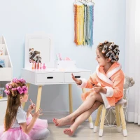 ZONEKIZ Set Toeletta per Bambini con Tavolo Trucco e Sgabello, Specchio e 2 Cassetti, Bianco e Colore Legno(m-10)