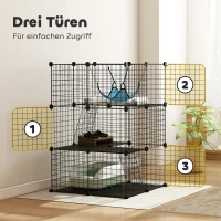 PawHut Kattenkooi voor binnen 105 cm, stalen kattenren met 3 deuren, modulair DIY-ontwerp voor kittens tot 4 kg(m-6)