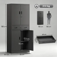 HOMCOM Metalen kast 180 cm, gereedschapskast met afsluitbare deuren, lade en verstelbare planken, zwart(m-3)