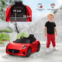 AIYAPLAY Carro Elétrico para Crianças Maserati Gran Turismo Folgore 12V Controlo Remoto Faróis Buzina e Música MP3 98x59x43 cm Vermelho(m-3)
