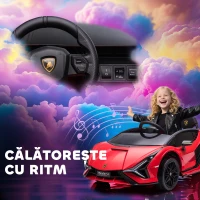HOMCOM Masina electrica pentru copii 12V Lamborghini cu faruri si muzica, telecomanda si viteza 3-8 km/h, 108x62x40cm, Rosie(m-7)