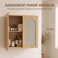 HOMCOM Armoire murale de salle de bain bohème avec 2 portes effet rotin à fermeture douce et étagère réglable, chêne(m-5)