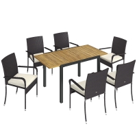 Outsunny Conjunto de Mesa y Sillas Jardín de Ratán 7 Piezas con Mesa Extensible con Tablero Madera y 6 Sillas Apilables Cojines