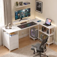 HOMCOM Escritorio Esquinero en L con Tomas de Corriente, 170x100cm, Blanco(m-6)