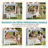 AIYAPLAY Cabane enfant extérieur en bois, maison enfant extérieure avec chatière, ustensiles de cuisine, banc et sonnette, blanc(m-6)