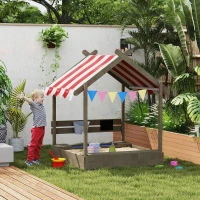 Outsunny House-Designed Wooden Sandbox, Outdoor Sandpit, with Blackboard, Toys, Sink, Seats, Flags, for Ages 3-7 Years - Grey(m-3)