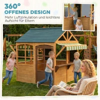 AIYAPLAY Kinderspielhaus aus Tannenholz, Faltbares Häuschen mit Fenstern, Tür, für Kinder im Alter von 3-8 Jahren, Braun+Blau(m-7)