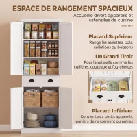 HOMCOM Buffet Haut Cuisine, Armoire de Cuisine avec 4 Portes, Tiroir et Étagères Réglables, Style Rustique, 62x38x173cm, Blanc(m-4)
