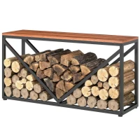 Outsunny 2-in-1 Kaminholzregal für innen 98 x 28 x 50 cm erhöhtes Brennholzregal mit Ablage Trennwand Beistelltisch(m-10)