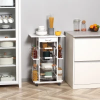 HOMCOM Chariot de service desserte de cuisine à roulettes multi-rangements 4 paniers métal tiroir + 4 range-bouteilles bois pin plateau carrelé blanc(m-9)