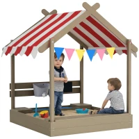 Outsunny Zandbak met Zonbescherming, Speelhuis-Design, met Speelgoed-Set, Behandeld Massief Hout, 124 x 116 x 146 cm, Grijs(m-11)