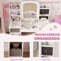 AIYAPLAY Tocador Infantil con Espejo con Luz Taburete Cajones de Tela Ganchos para Joyas y Estantes para 3 a 8 Años Blanco(m-6)