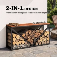 Outsunny 2-in-1 Kaminholzregal für innen 98 x 28 x 50 cm erhöhtes Brennholzregal mit Ablage Trennwand Beistelltisch(m-4)