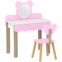 AIYAPLAY Kaptafel-set met kruk voor kinderen, schminkspiegel, berenvorm, lade, MDF, Roze(m-1)