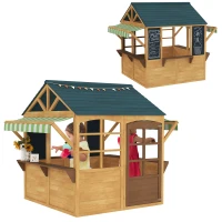 AIYAPLAY Kinderspielhaus aus Tannenholz, Faltbares Häuschen mit Fenstern, Tür, für Kinder im Alter von 3-8 Jahren, Braun+Blau(m-12)