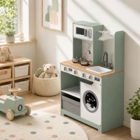AIYAPLAY Cocina de Juguete de Madera con Lavandería Máquina de Hielo Cajón de Tela Perchas Accesorios de Acero Inoxidable Verde(m-8)