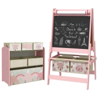 Tableau chevalet double-face rouleau papier 2 paniers + meuble à jouets de rangement à 6 boîtes, 63 x 30 x 66 cm, rose(m-11)