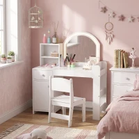 AIYAPLAY Tocador de Maquillaje Niña Tocador Infantil con Taburete y Espejo con Luces LED 1 Cajón Armario y 5 Estantes Blanco(m-9)