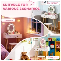 AIYAPLAY Kids Vanity Table and Chair Set with 3-Colour LED Lights Mirror, Drawer, Storage Boxes, for 3+ Years, White(m-8)