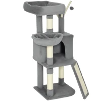PawHut Arbre à chat tour de jeux pour chats griffoirs et tapis en sisal, plate-forme, niche, hamac, 40,5 x 40,5 x 103 cm, gris(m-12)