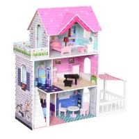 HOMCOM Maison de poupée en Bois Jeu d'imitation avec 13 Accessoires Grand réalisme Multi-équipements 3 Niveaux escalier terrasses(m-11)