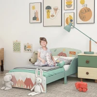 ZONEKIZ Pat pentru copii 3-6 ani cu margini ridicate, somieră și model cu animale, 140x70 cm, verde(m-2)