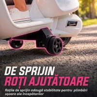 AIYAPLAY Motocicletă Electrică pentru Copii cu Licență Vespa, Baterie Reîncărcabilă 6V, Roți Ajutătoare și Lumini, 2-4 Ani, Albă(m-5)