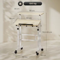 HOMCOM Bureau assis debout bureau réglable en hauteur 60 x 60 cm à roulettes avec plateau inclinable cadre en métal naturel(m-3)
