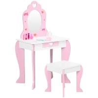 ZONEKIZ Toucador Infantil de Madeira com Banco Espelho e Gaveta Mesa de Maquilhagem para Crianças entre 3-6 Anos 50x36,5x89,5cm Rosa(m-11)