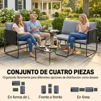 Outsunny Conjunto Jardín Exterior de 4 Piezas con 2 Sofás 2 Plazas 2 Mesas de Vidrio Cojines Fundas Extraíbles y Bolsillos Gris(m-4)