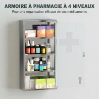 HOMCOM Armoire à Pharmacie 3 étagères 4 Niveaux 30L x 12l x 60H cm Porte Verre trempé Symbole Croix Acier Inoxydable brossé(m-7)