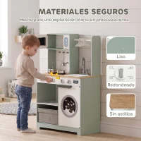 AIYAPLAY Cocina de Juguete de Madera con Lavandería Máquina de Hielo Cajón de Tela Perchas Accesorios de Acero Inoxidable Verde(m-6)