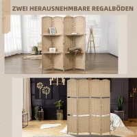 HOMCOM 4-teiliger Paravent, 160 x 170 cm, faltbare Trennwand mit 2 Regalen, Naturholz(m-5)