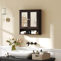 kleankin Armario de Baño con Espejo Armario de Pared con 2 Puertas Estante Abierto Estante Ajustable 56x13x58cm Marrón Oscuro(m-2)