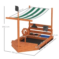 Outsunny Zandbak met Zonnedak Piratenschip, incl. Keukenspeelset voor Kinderen, Massief Hout, 180 x 103 x 144,5 cm, Oranje(m-3)