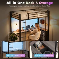 HOMCOM Metal Bunk Bed with Desk, High Sleeper Bed with LED Light and Safety Guardrail for Teens Adults, No Box Spring Needed(m-7)