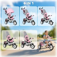HOMCOM 6 in 1 Kids Trike with Parent Handle, Canopy, 5-point Seat Belt, Storage, Footrest, Brake, for 1-5 Years, Pink(m-4)
