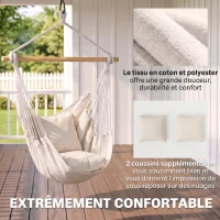 Outsunny Fauteuil suspendu extérieur chaise hamac avec 2 coussins, intérieur et extérieur, en tissu coton mélangé, crème(m-4)