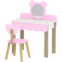 AIYAPLAY Kaptafel-set met kruk voor kinderen, schminkspiegel, berenvorm, lade, MDF, Roze(m-10)