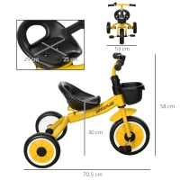 AIYAPLAY Triciclo per Bambini da 2-5 Anni con Seduta Regolabile e Campanello, 70.5x50x58cm, Giallo(m-3)