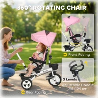 HOMCOM Metal Frame 6 in 1 Baby Push Tricycle with Parent Handle for 1-5 Years Old, Pink(m-6)