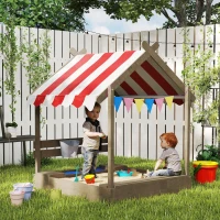 Outsunny House-Designed Wooden Sandbox, Outdoor Sandpit, with Blackboard, Toys, Sink, Seats, Flags, for Ages 3-7 Years - Grey(m-11)
