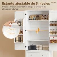 HOMCOM Armario Despensa de Cocina con 2 Cajones 6 Estantes en Puertas Estantes Ajustables 80x39,5x184,5 cm Blanco(m-5)