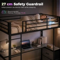 HOMCOM Metal Bunk Bed with Desk, High Sleeper Bed with LED Light and Safety Guardrail for Teens Adults, No Box Spring Needed(m-6)